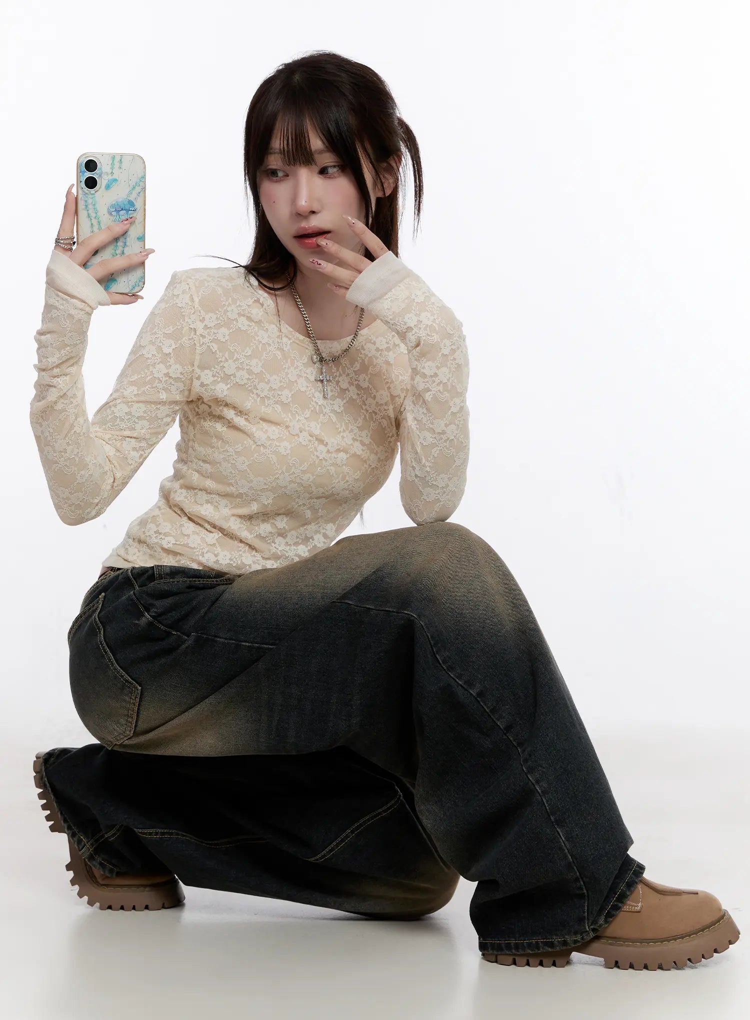 Floral Lace Slim-Fit Long Sleeve Top CO501