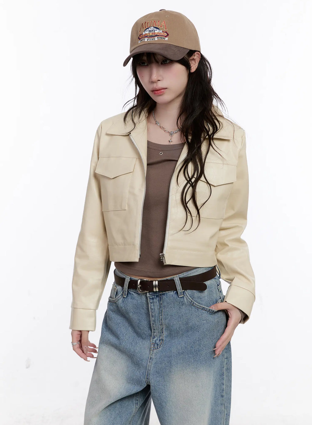 Faux Leather Cropped Zip-Up Jacket CS530