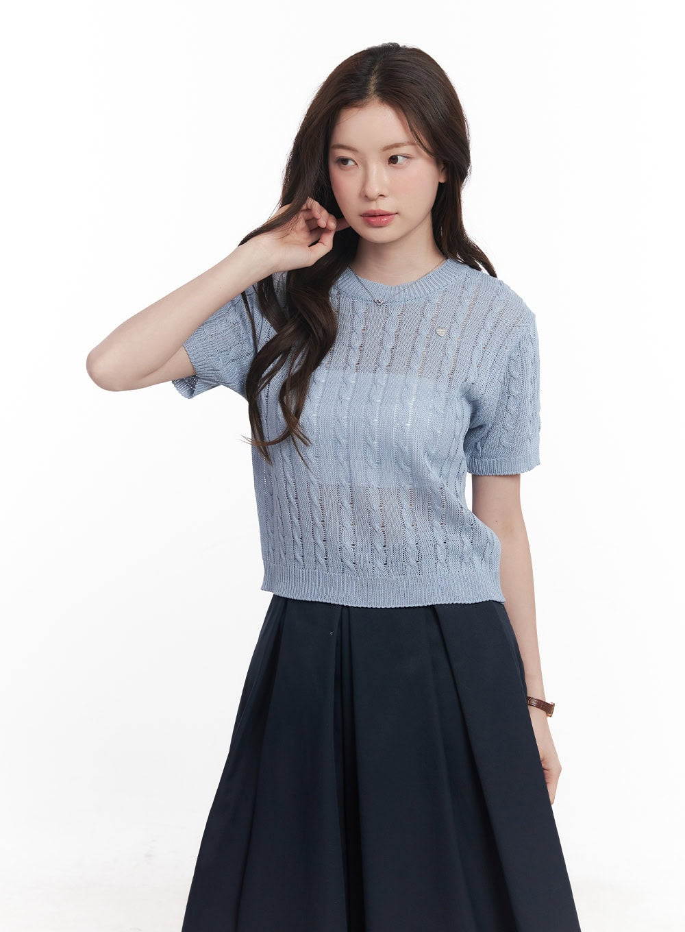 Cable-Knit Short-Sleeve Sweater CY515