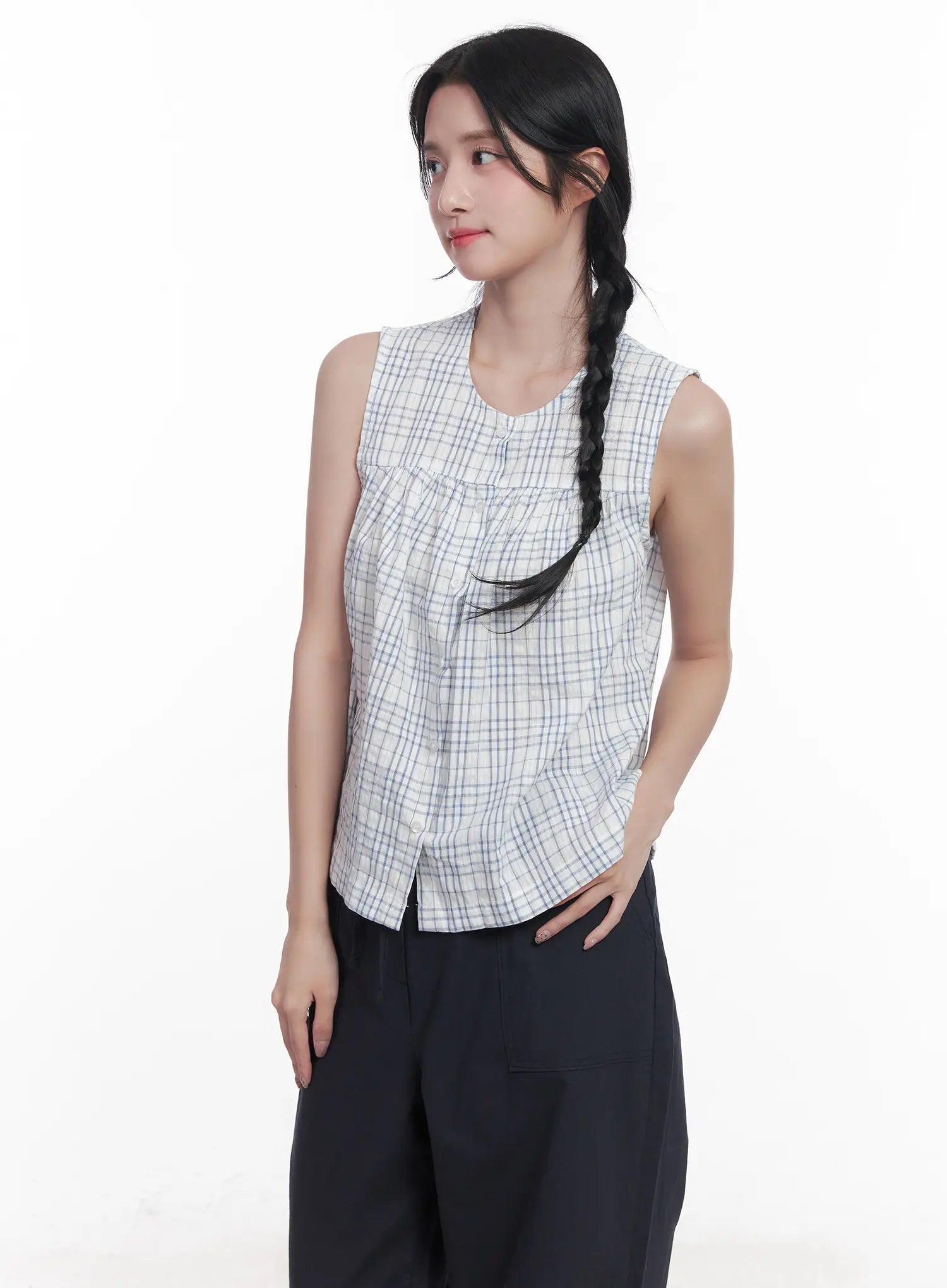 Plaid Sleeveless Blouse CU523