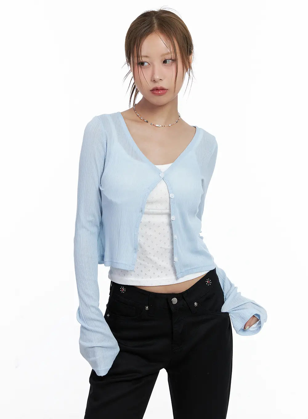 Light Blue Ribbed Cropped Cardigan CL511