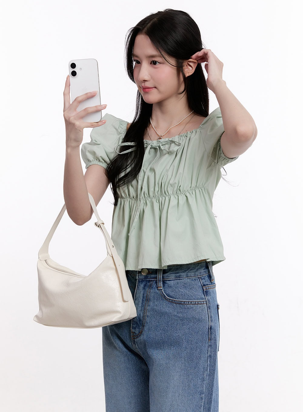 Ribbon Puff Sleeve Square Neck Top CM526