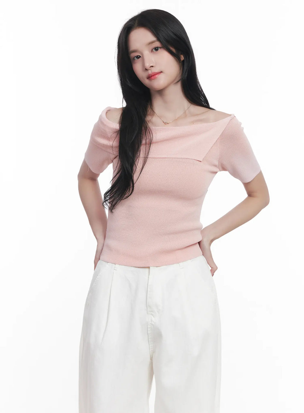 Off-Shoulder Asymmetric Short-Sleeve Sweater CU525