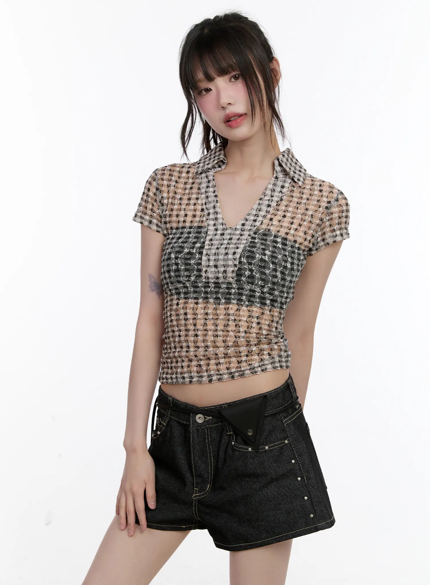 Sheer Checked Collar Tee CL504