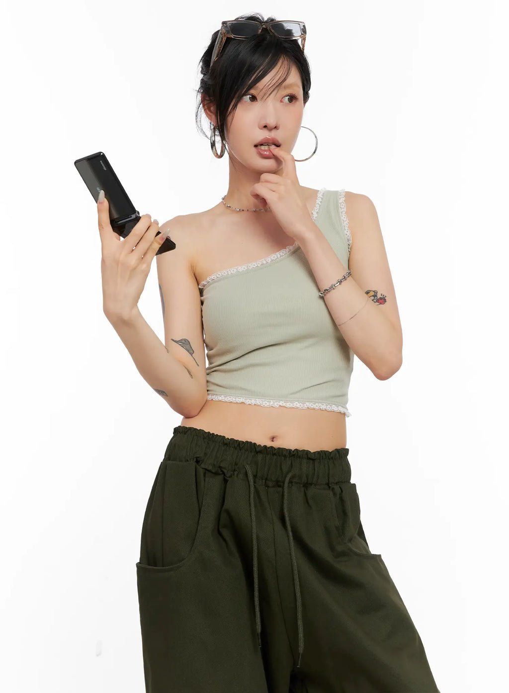 Asymmetric Lace-Trim Ribbed Top CL525