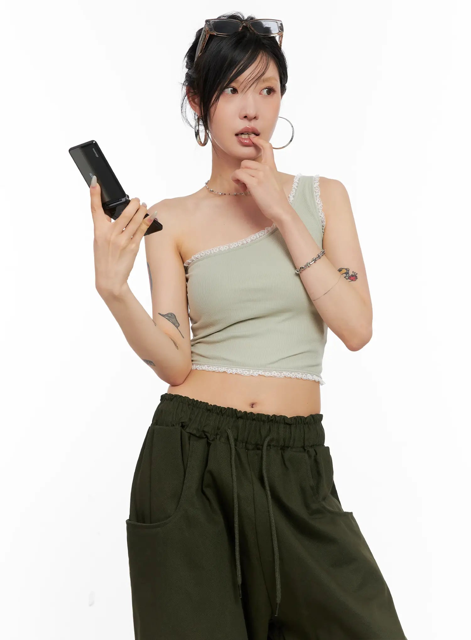 Asymmetric Lace-Trim Ribbed Top CL525