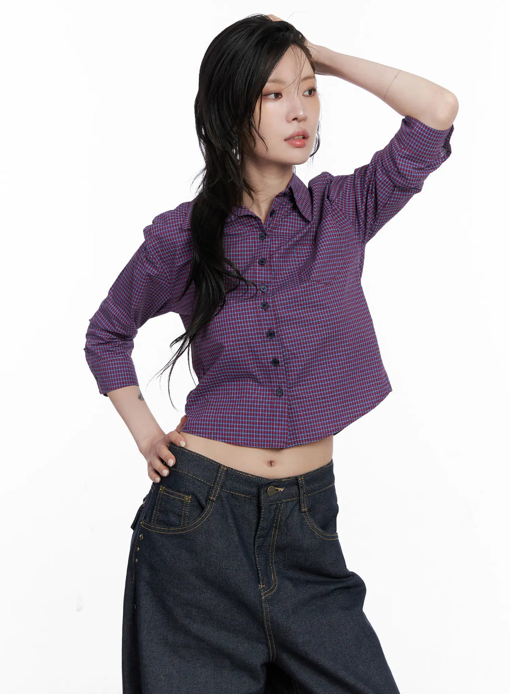 Cropped Plaid Button Up Shirt CS512