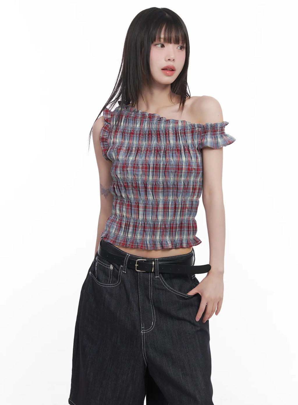 Plaid Frill One-Shoulder Crop Top CU519
