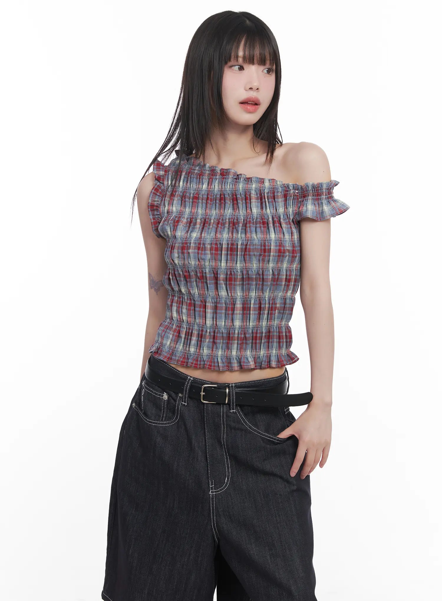 Plaid Frill One-Shoulder Crop Top CU519