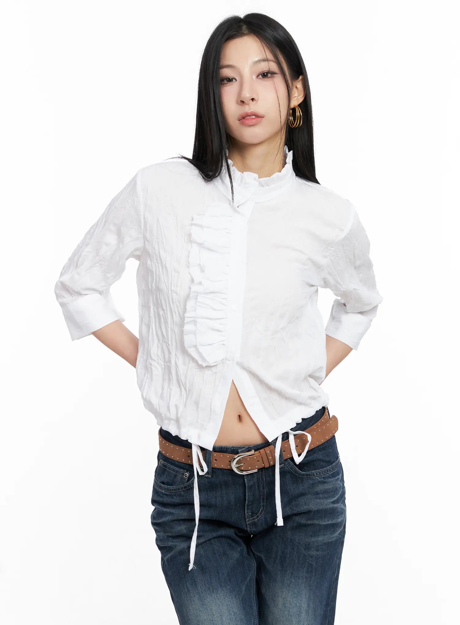 White Crinkled High Collar Top CC1109