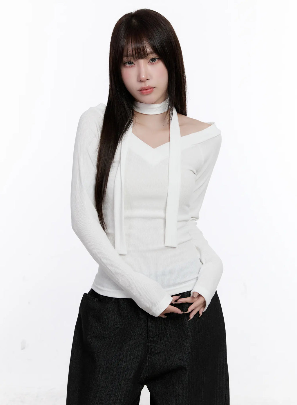 V-Neck Ribbed Two-Way Tie Long Sleeve Top CS530
