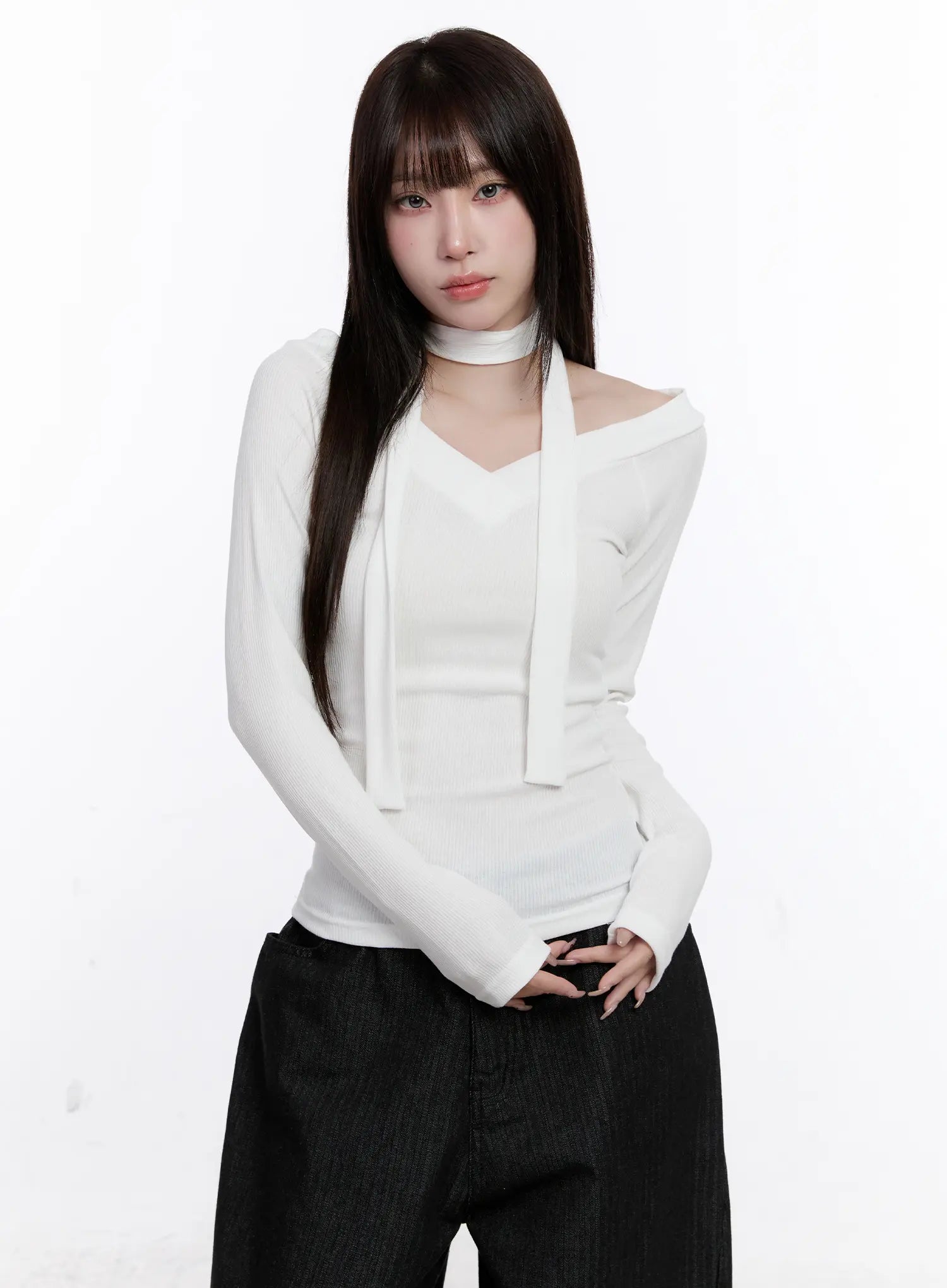 V-Neck Ribbed Two-Way Tie Long Sleeve Top CS530