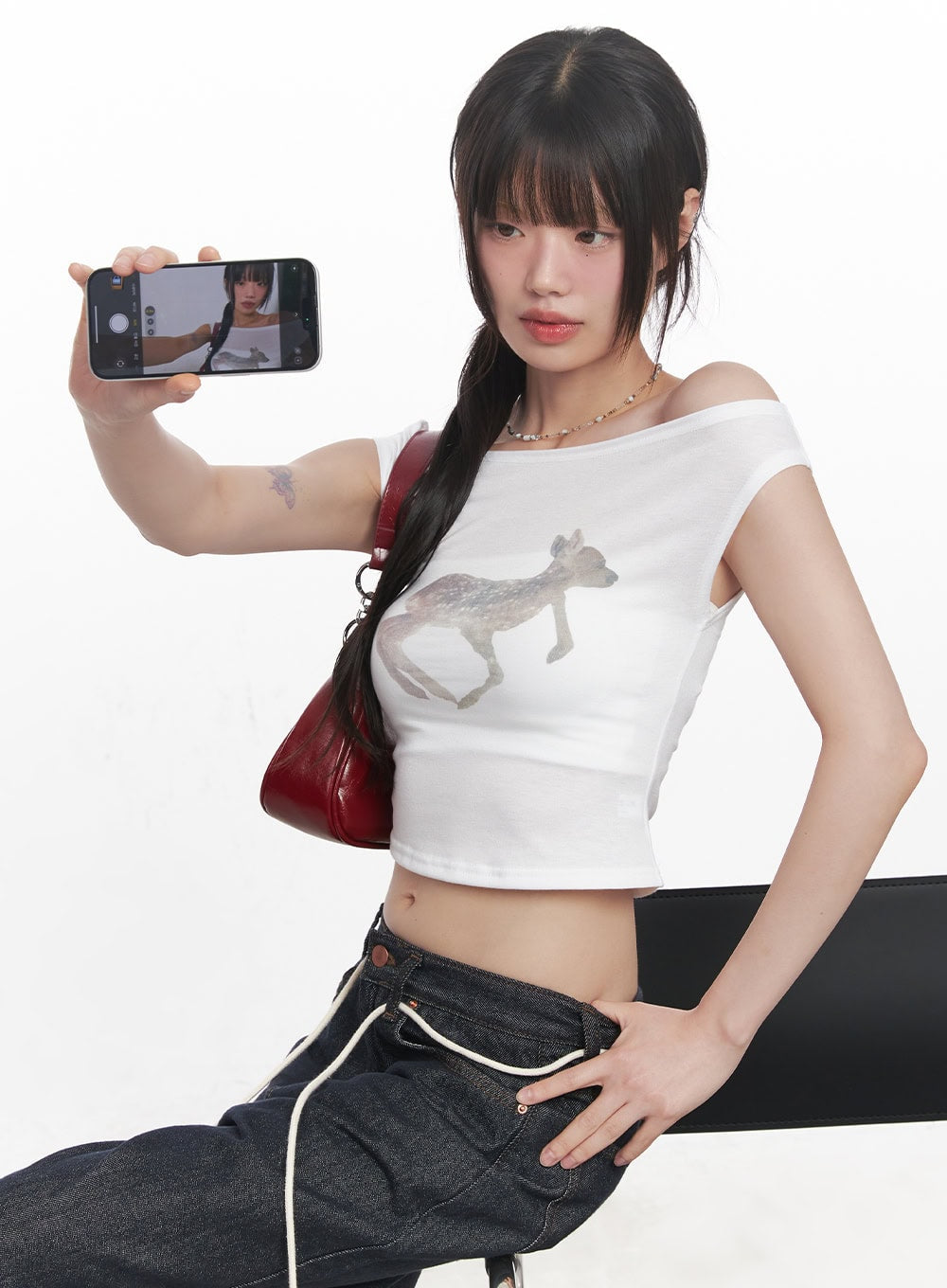 Cute Animal-Print  Graphic Off-Shoulder Crop Top CY521