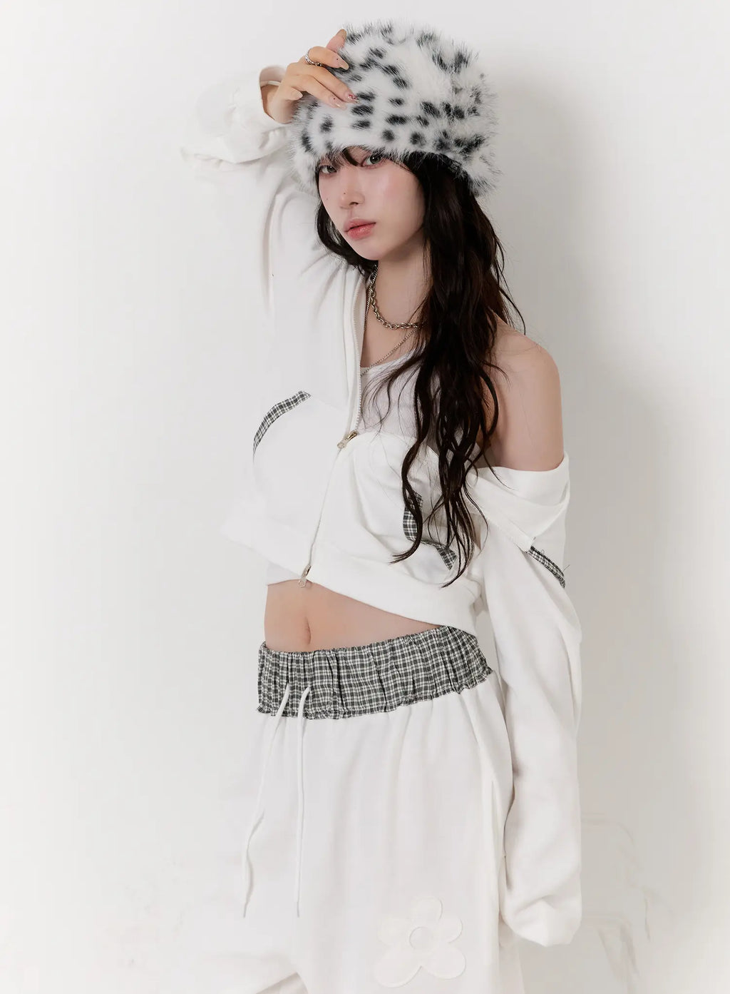 Plaid Trim Crop Zip-Up Hoodie CS530