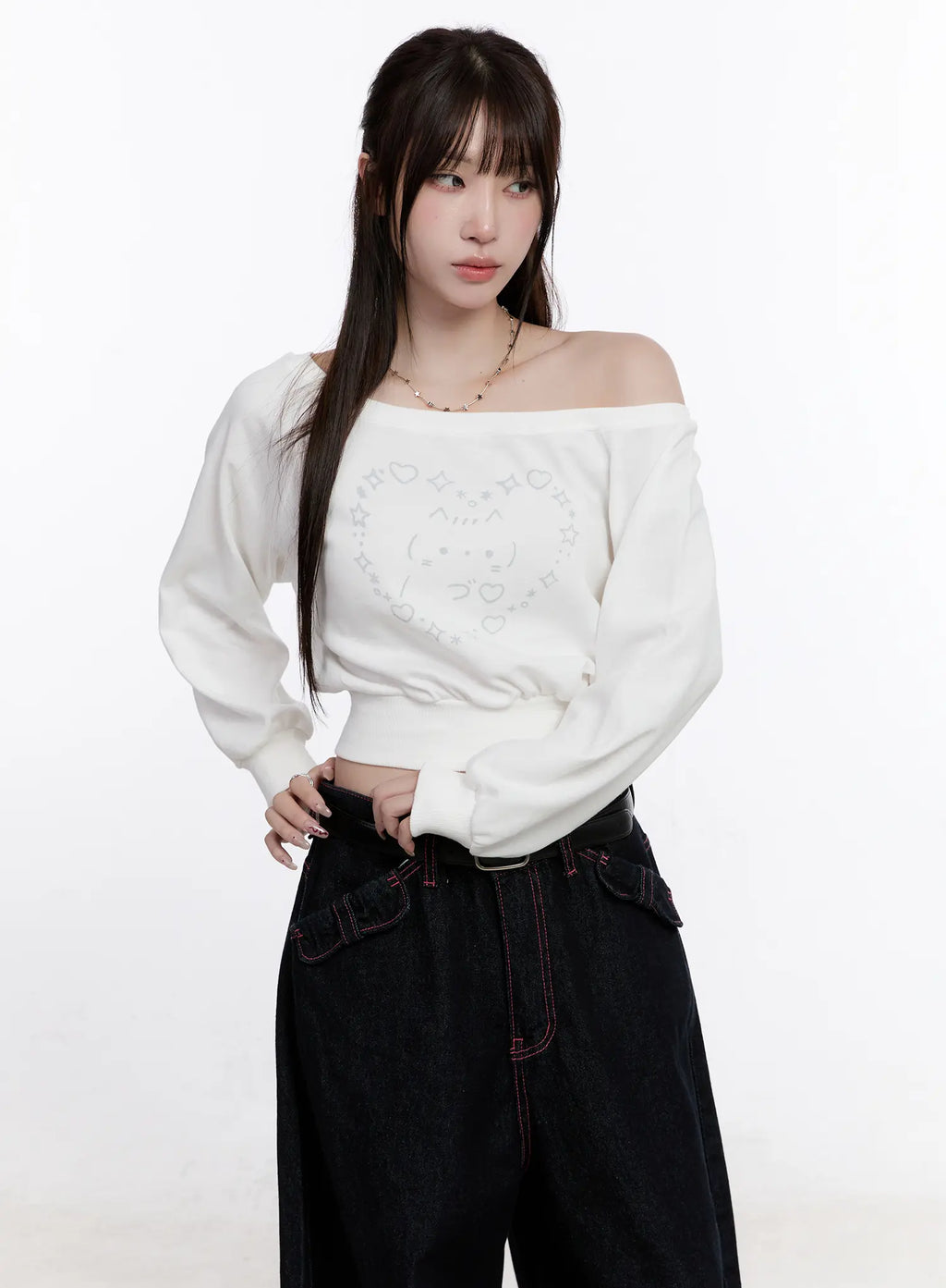 Cat Print Off-Shoulder Cropped Sweatshirt CO501