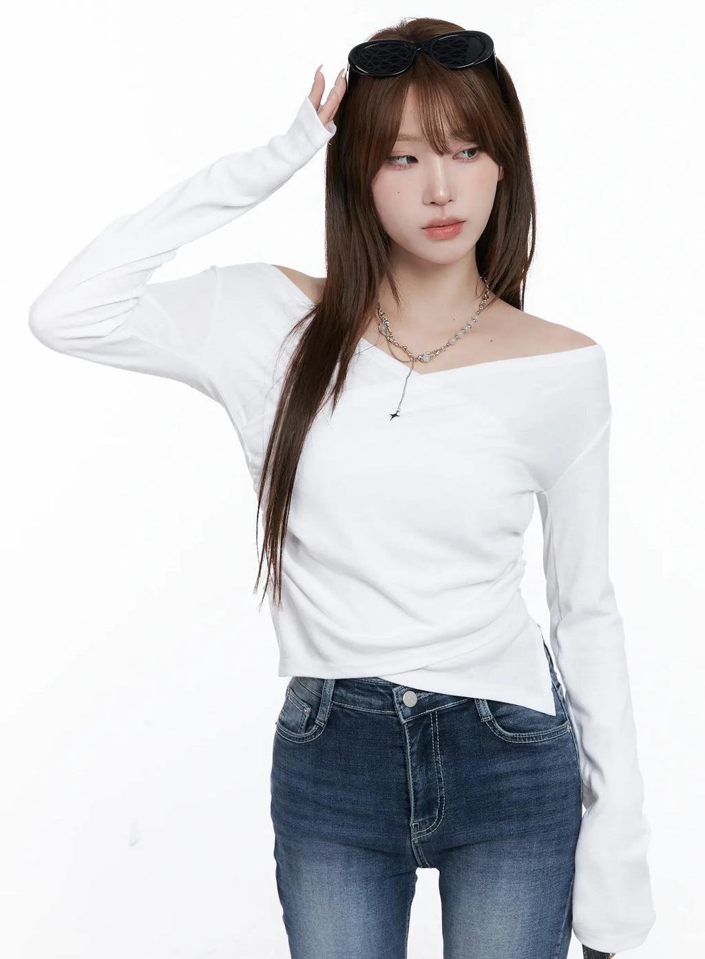 Off-Shoulder V-Neck Long Sleeve Top CG529