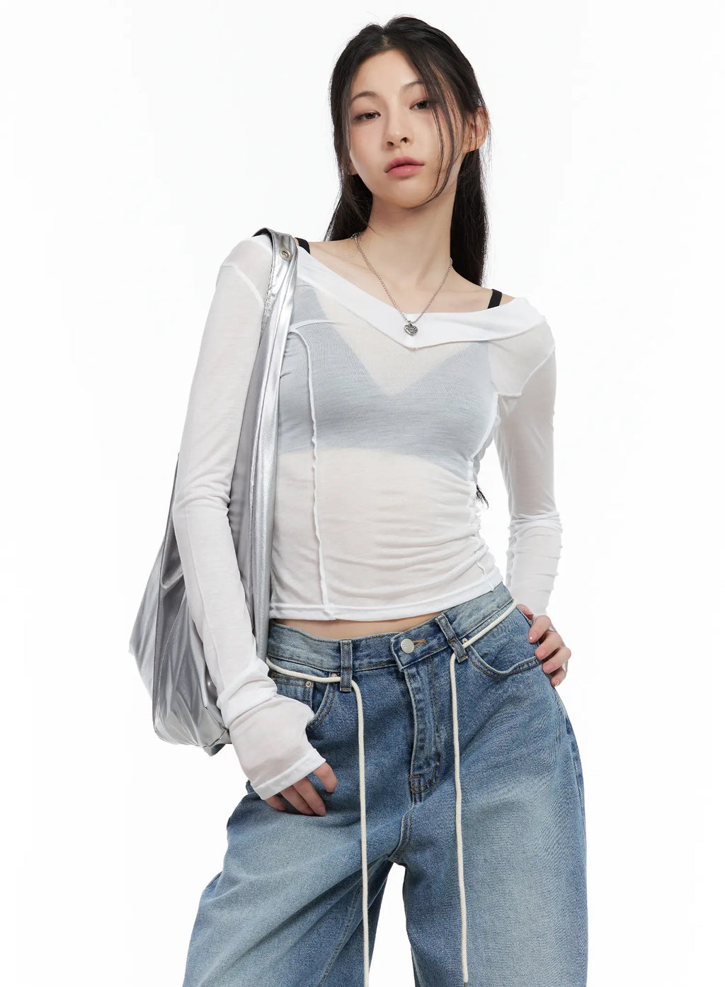 Sheer Back-Slit Long-Sleeve Tee CU530