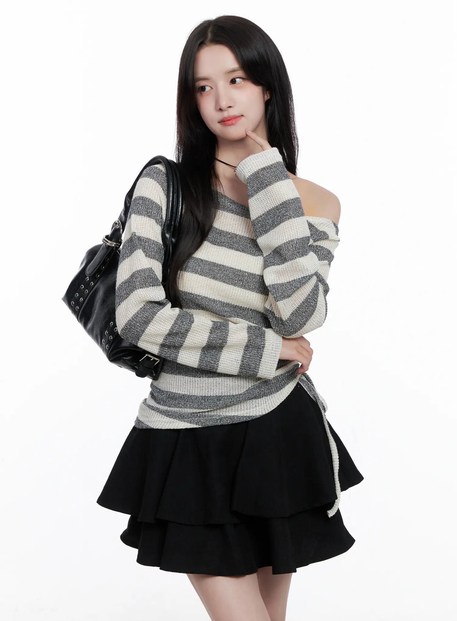 Striped Ruched Wide Neck Top CS523