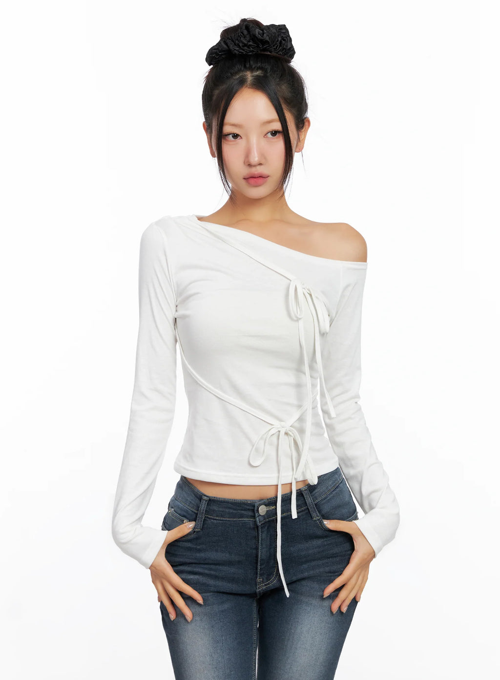 Ribbon One-Shoulder Long Sleeve Top CO514