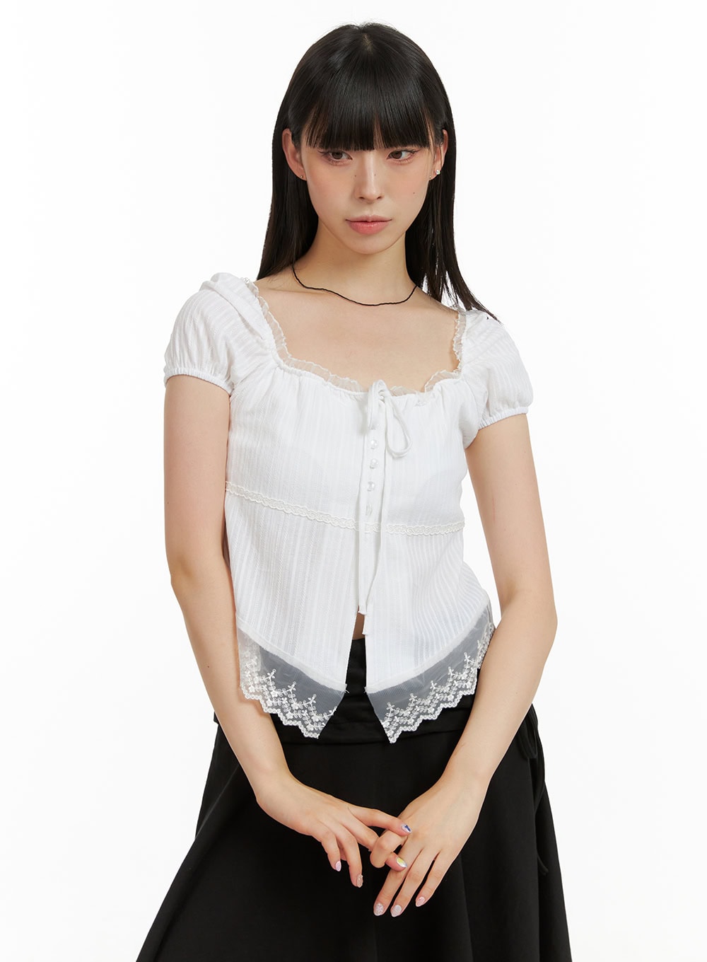 Lace Hem Cotton Ribboned Square Neck Shirt CU425