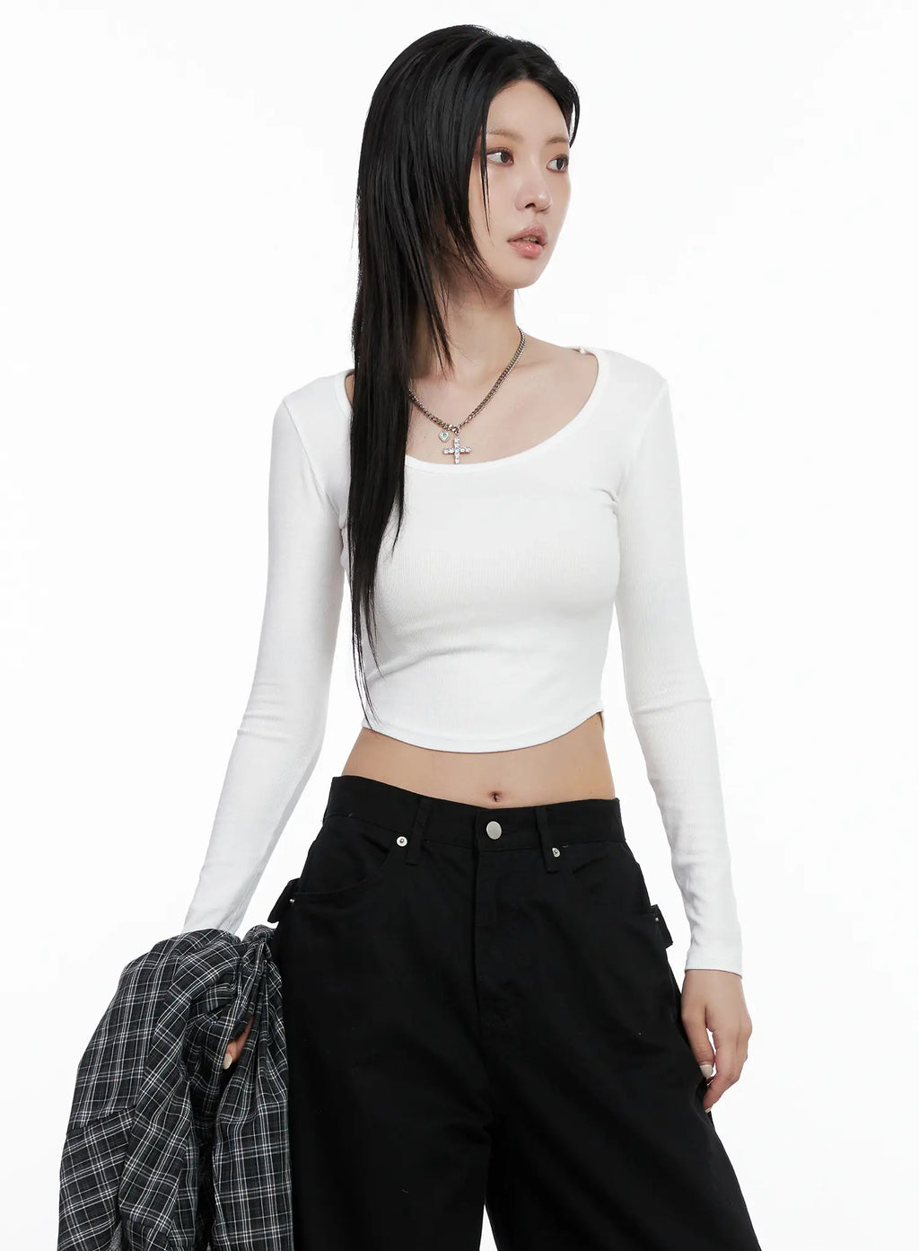 Round Neck Ribbed Long Sleeve Crop Top CS512