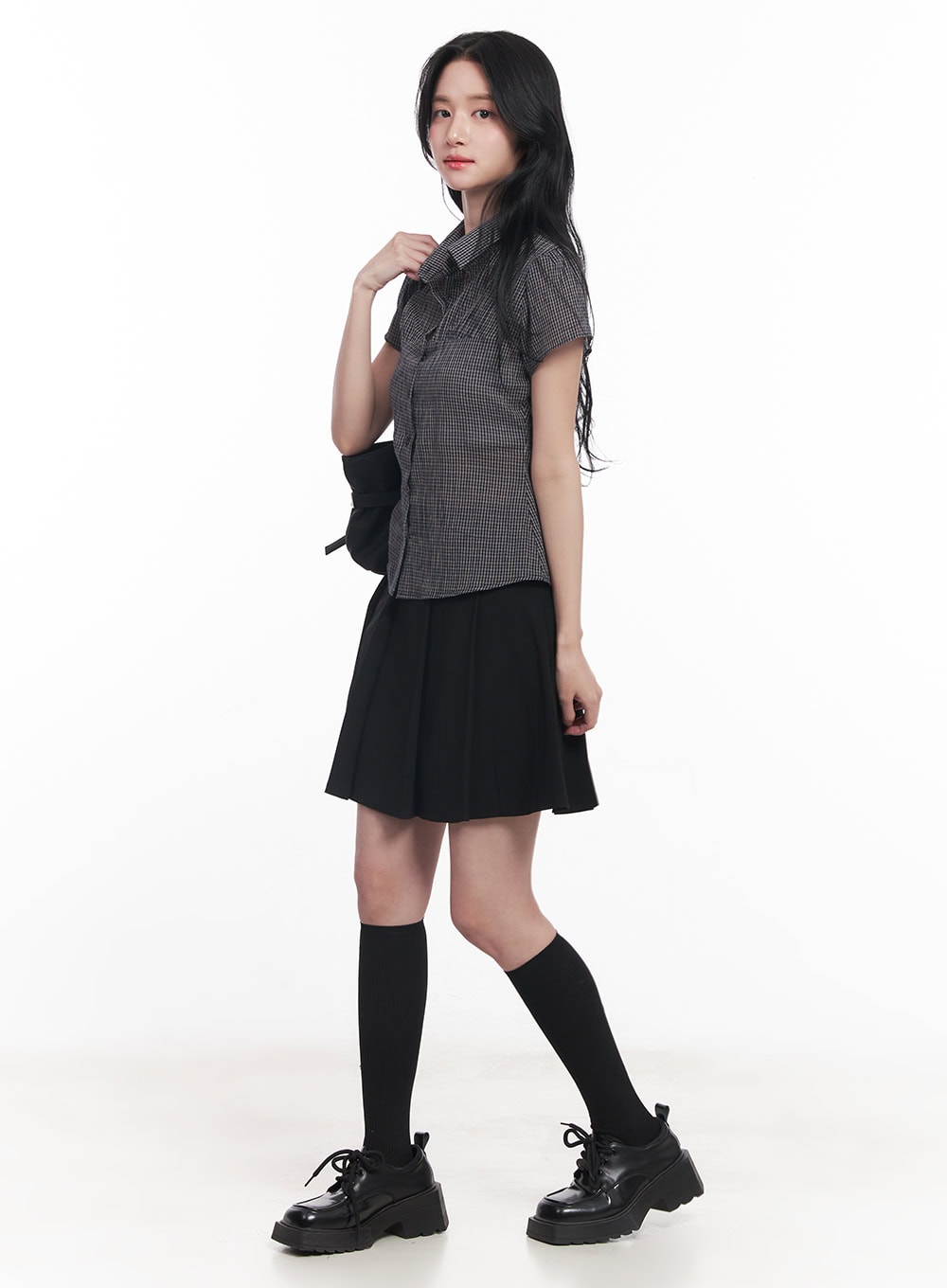 Checkered Puff Button Blouse Top CY526