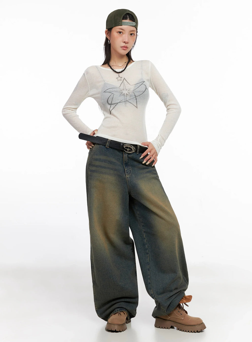 Sheer Star Graphic Long Sleeve Top IS508