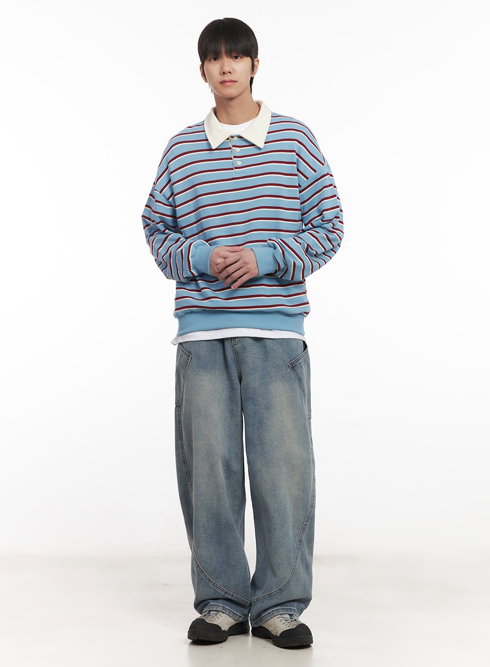 Men's Stripe Collared Sweatshirt (Light Blue) IM518