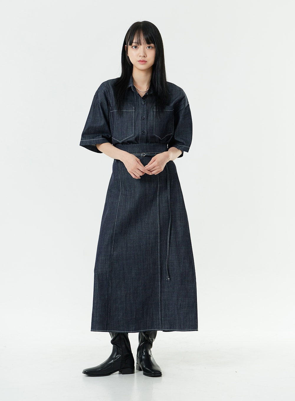 Stitch Denim Set-Up Blouse with Pocket OG23