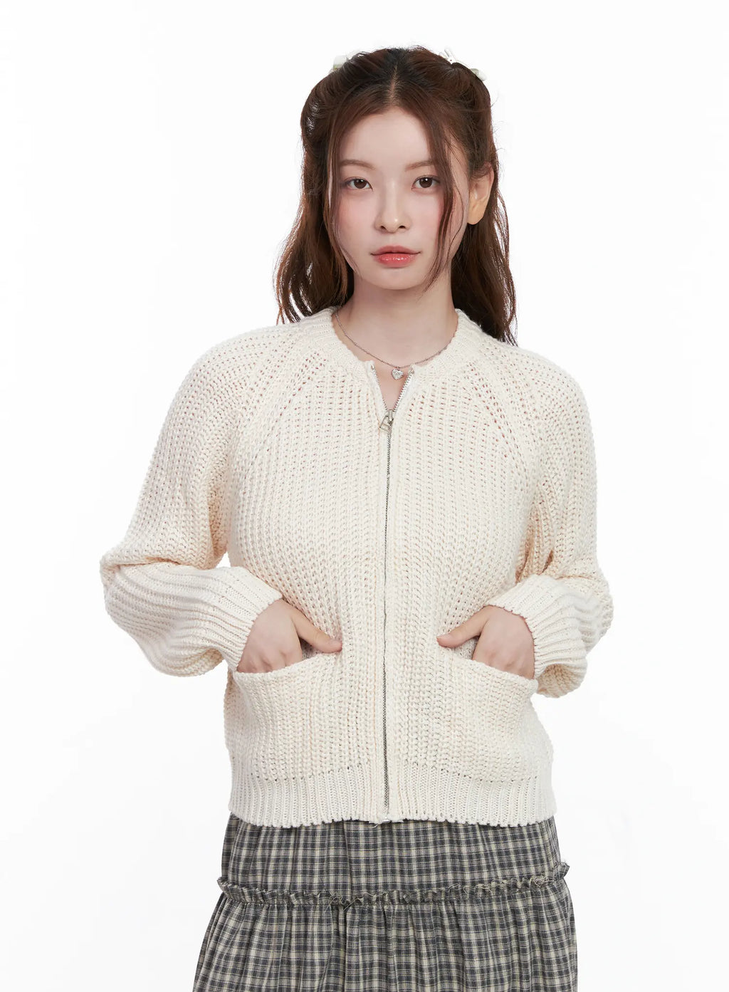 Waffle Knit Zip Up Cardigan CG520