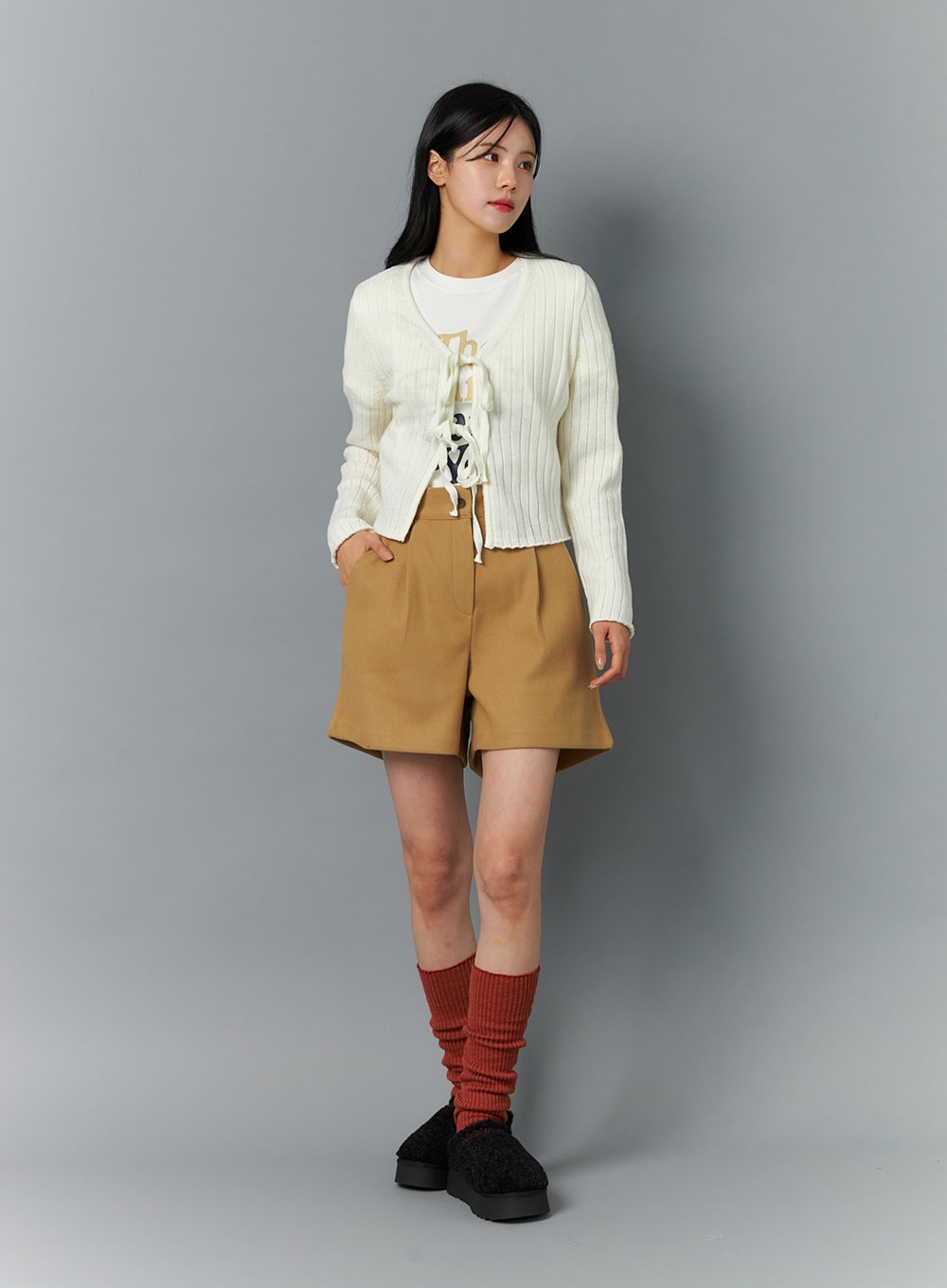 Tie V-Neck Ribbed Cardigan ON324