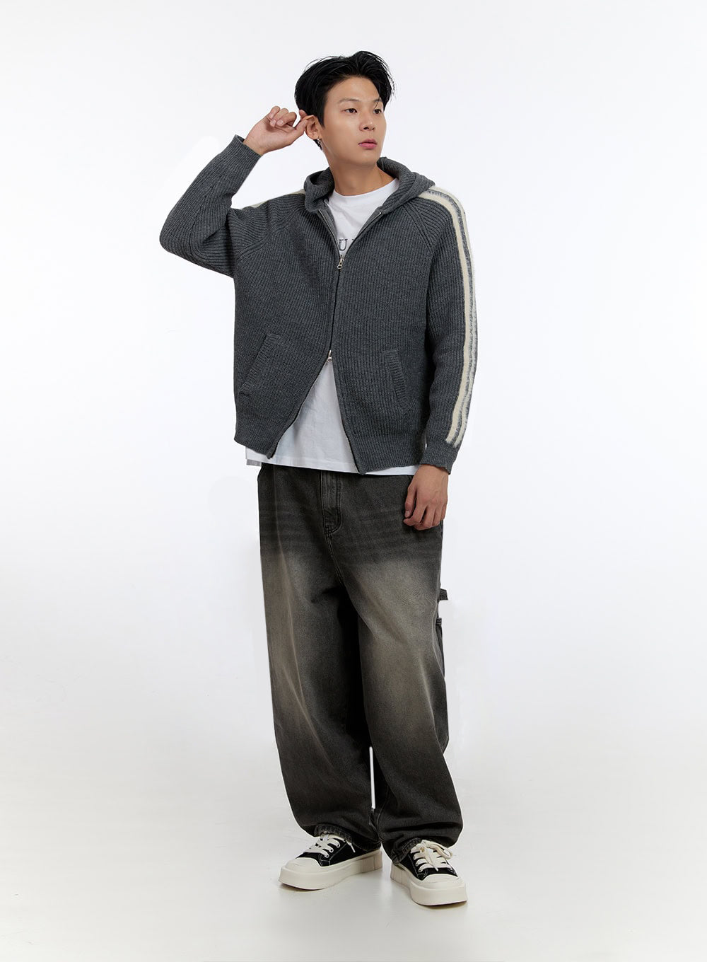 Men's Striped Double Zipper Knit Hoodie IO428