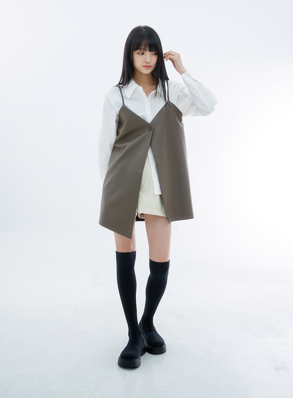 One Button Faux Leather Mini Dress OS29