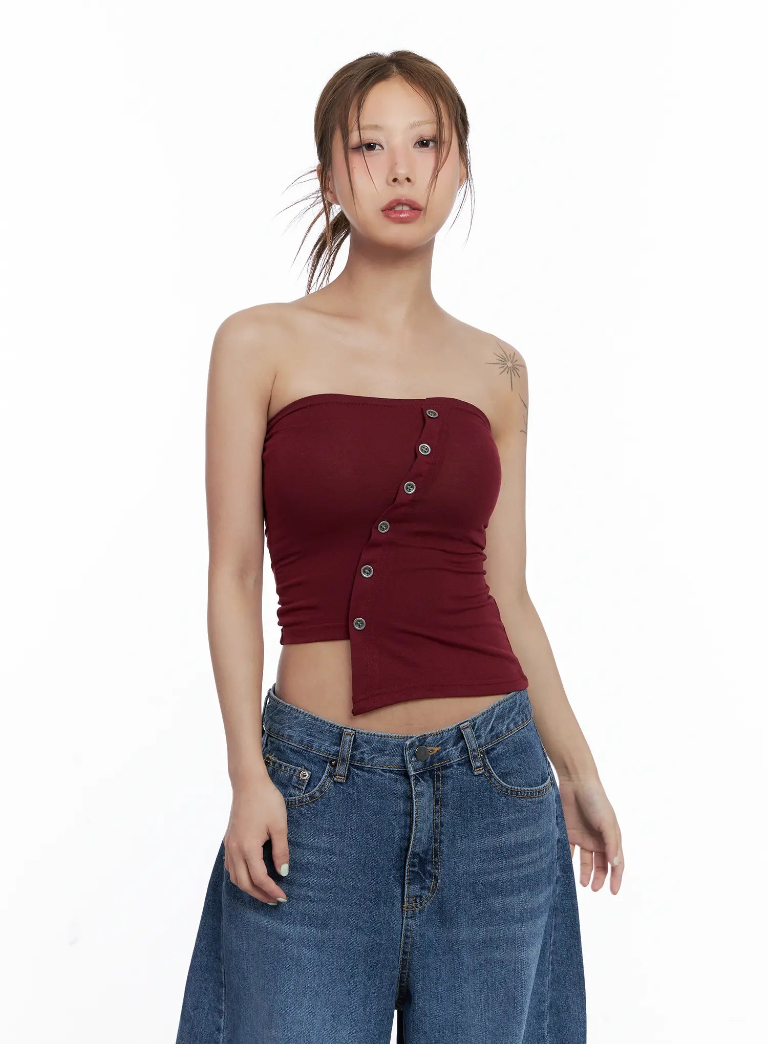 Asymmetric Button Tube Top CL510