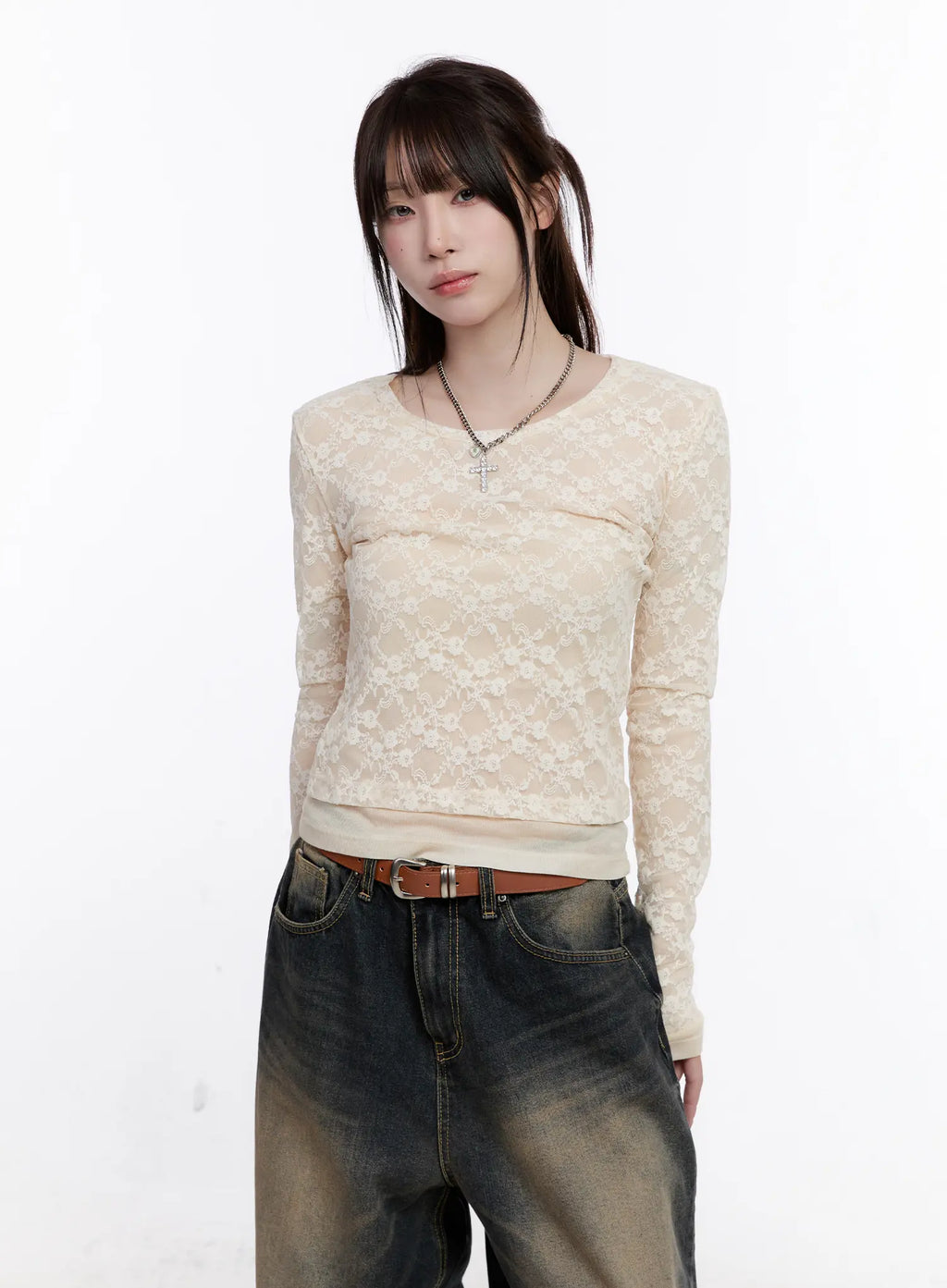 Floral Lace Slim-Fit Long Sleeve Top CO501