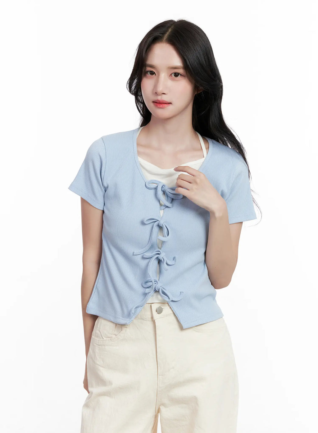 Ribbon-Tie Short-Sleeve Tee CL516
