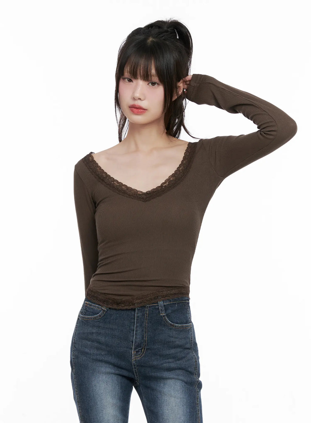 Slim Ribbed Lace Trim Top CG519