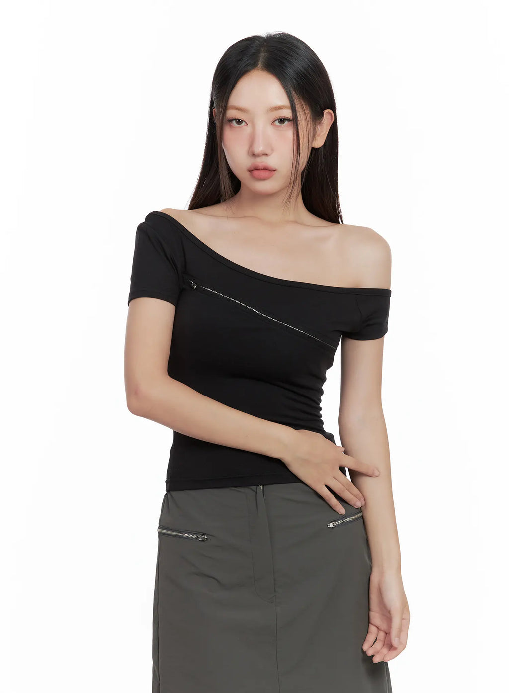 Asymmetric Off-Shoulder Zip Top CL509