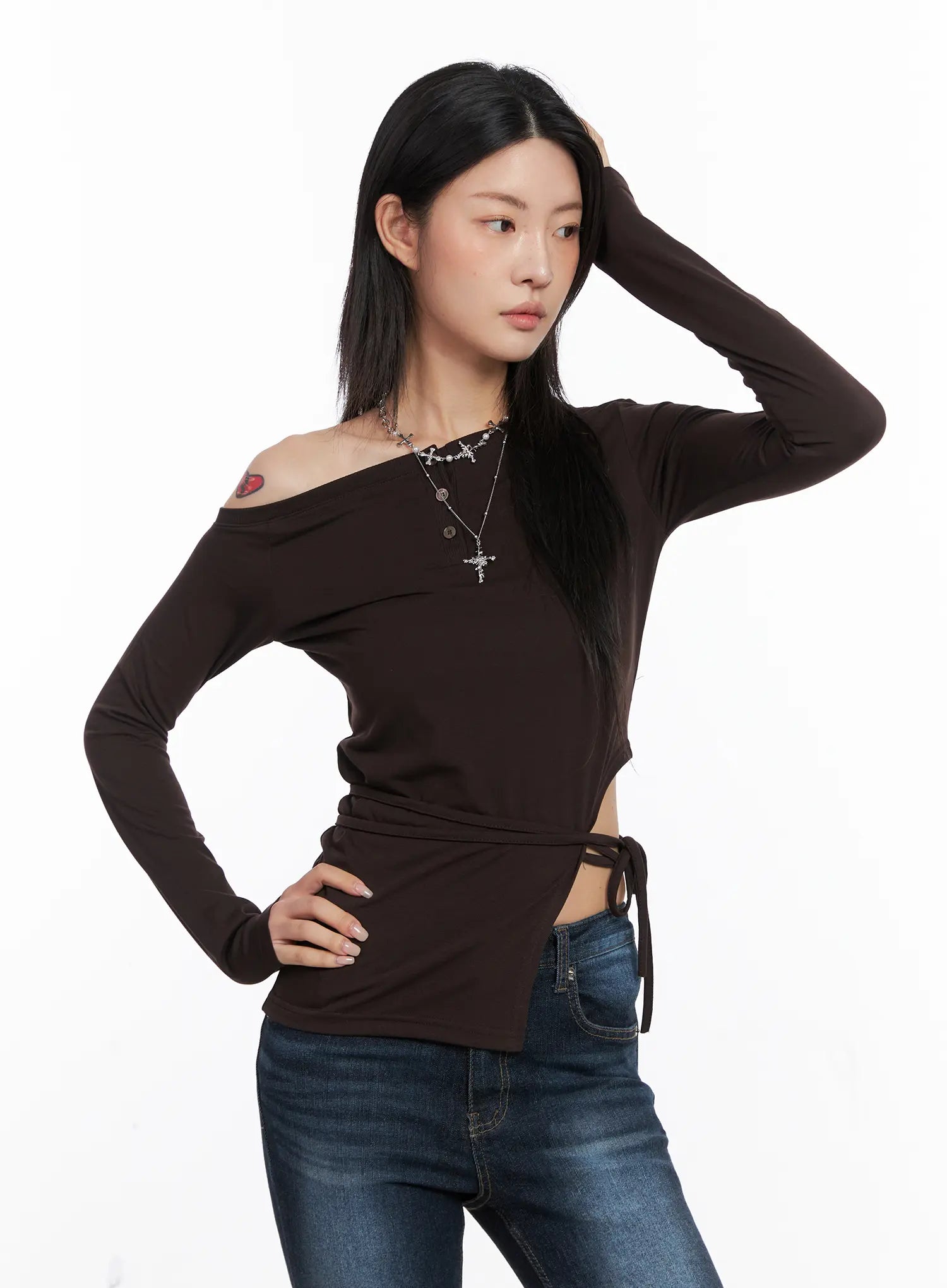 Asymmetric Slit Wrap Long Sleeve Top CO507