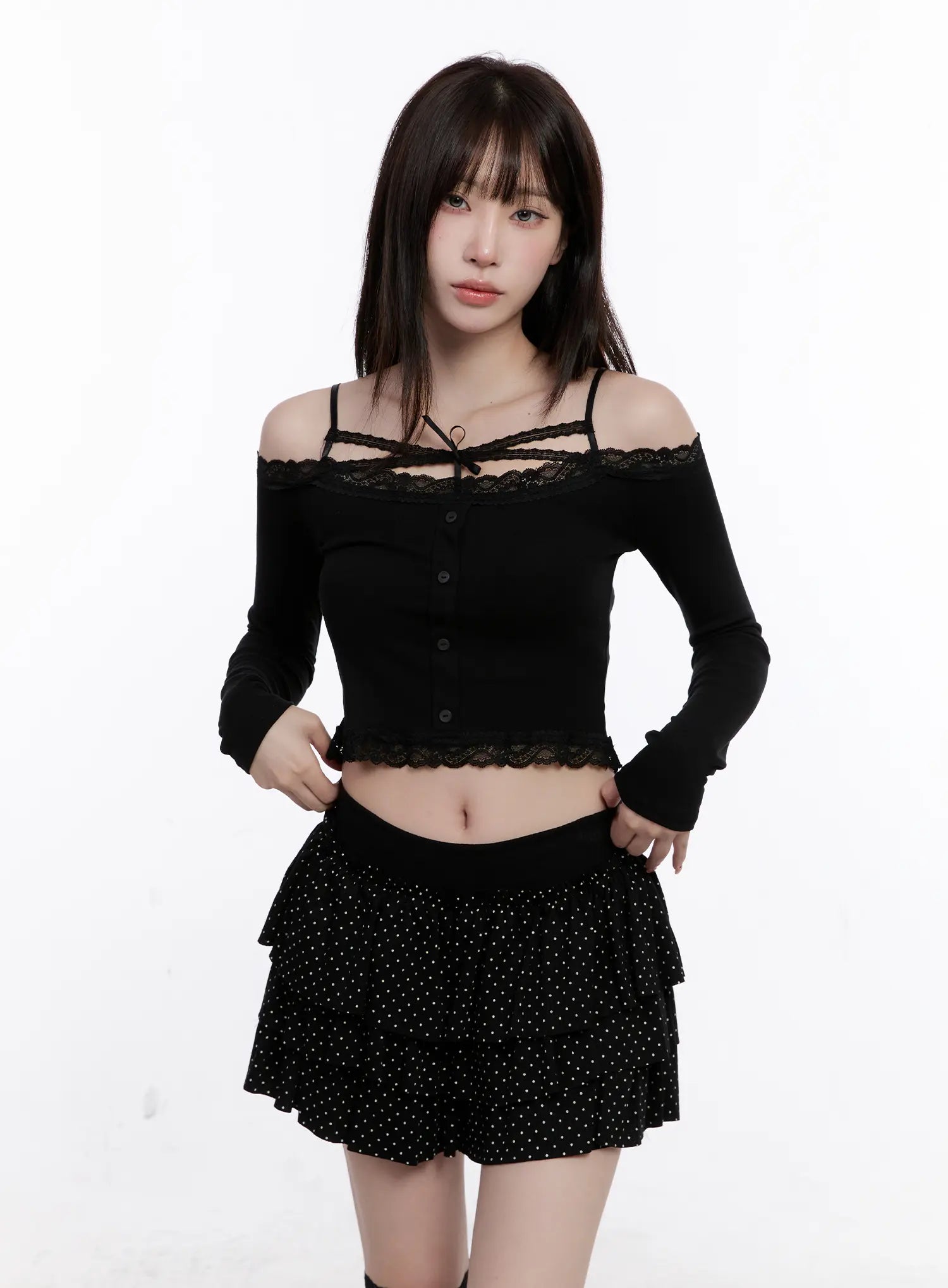 Lace Crop Tie Long Sleeve Top CS530