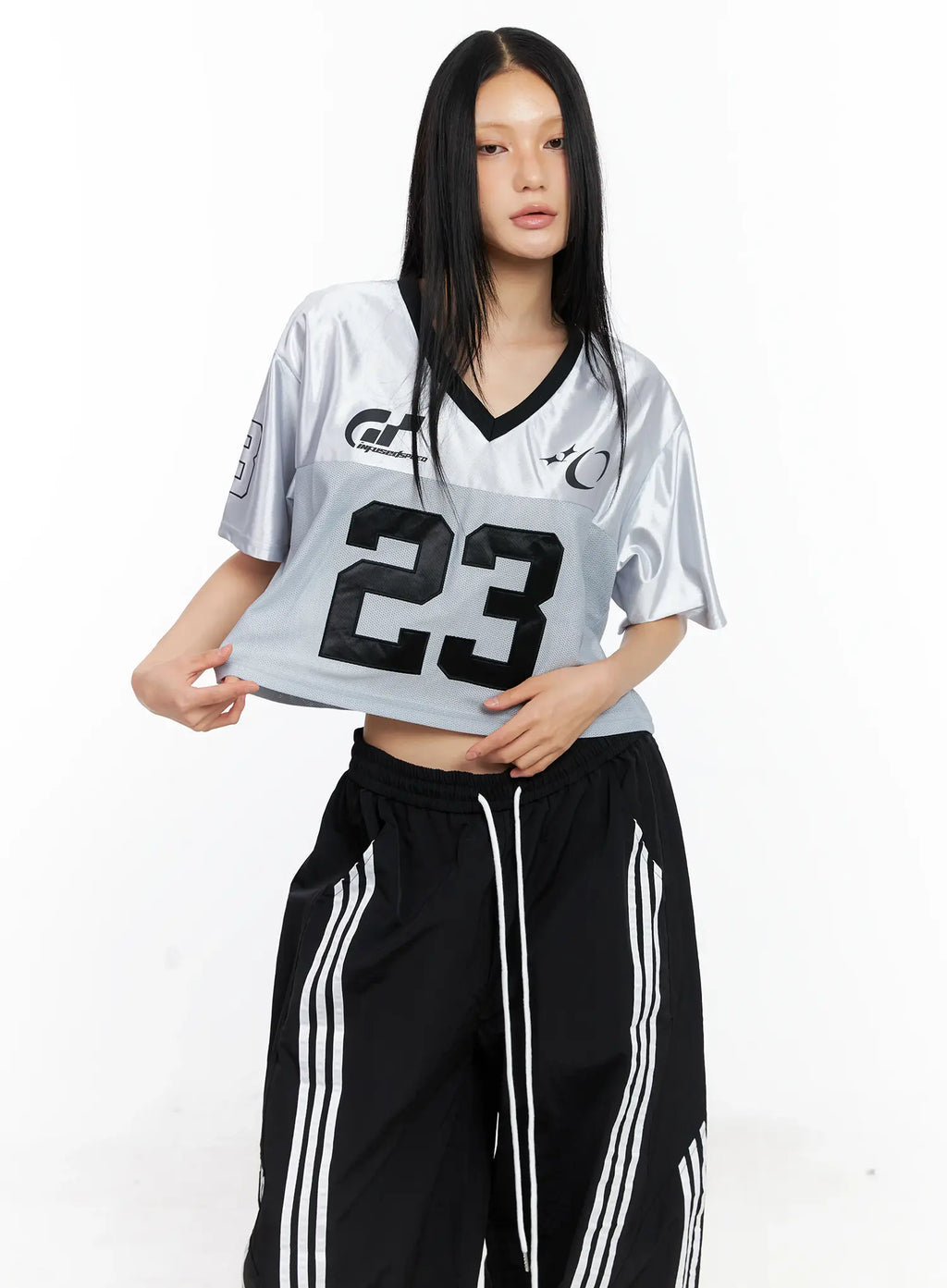 Glossy V-Neck Cropped Jersey CL529