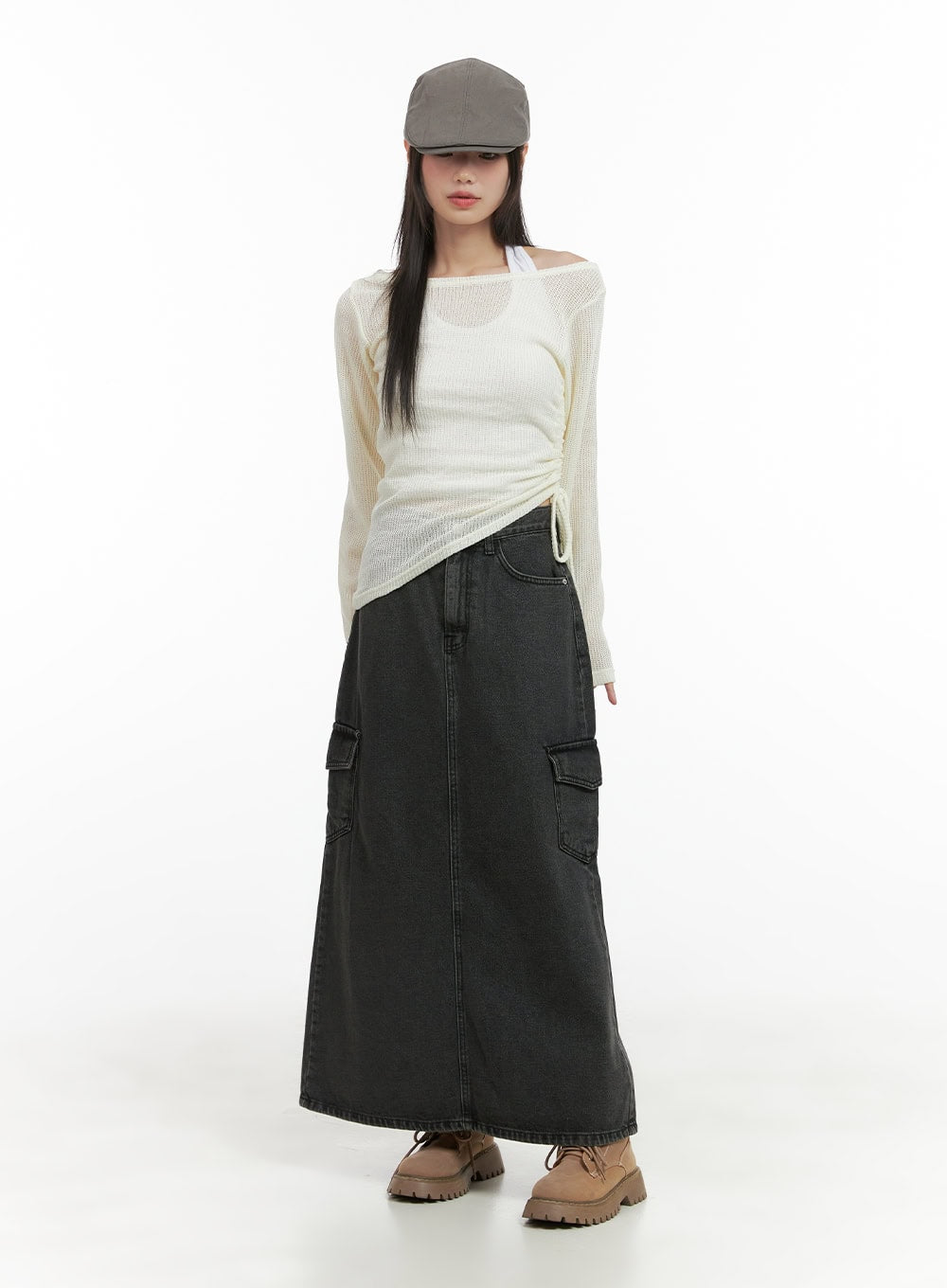 Denim Cargo Pocket Washed Maxi Skirt CG426