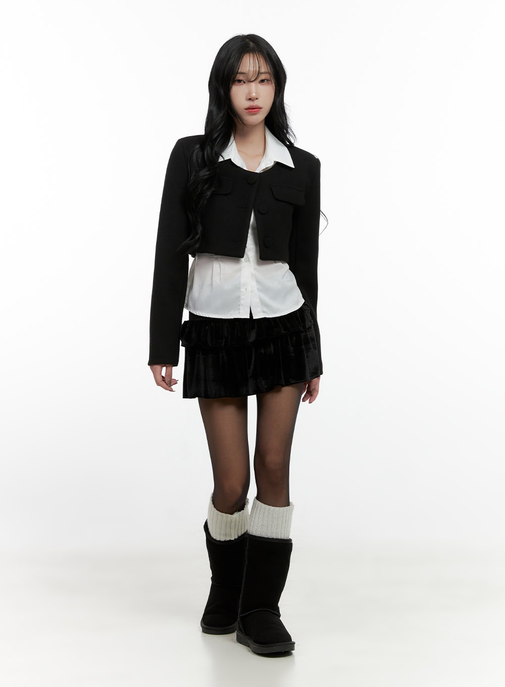 Collarless Button-Up Cropped Jacket CN407