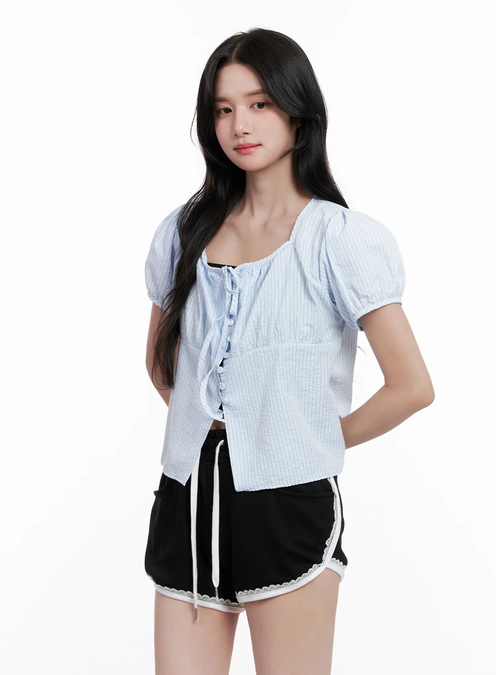 Striped Puff-Sleeve Ribbon Top CL516