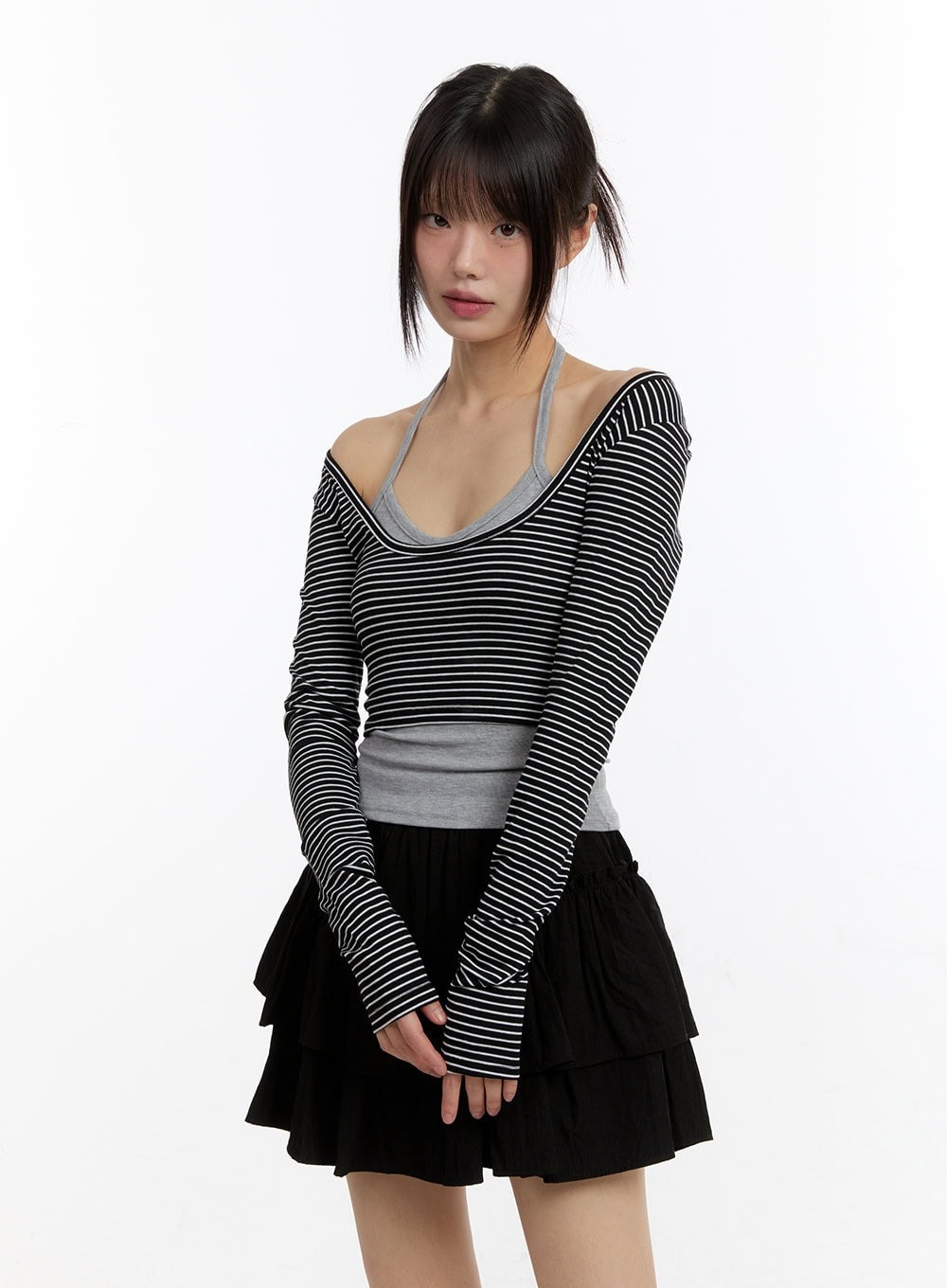 Stripe Long-Sleeve Crop Top with Tank Top CA508