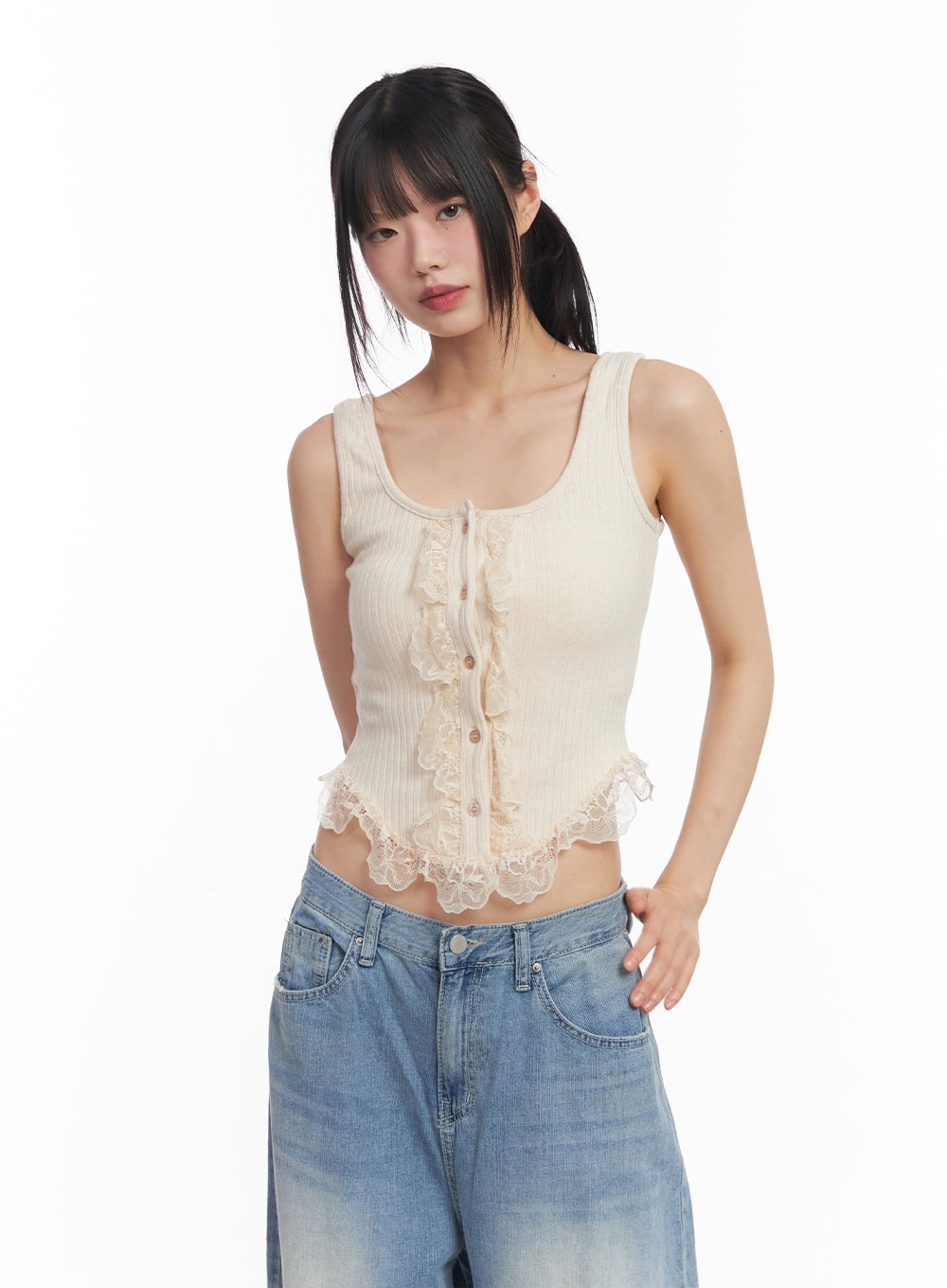 Lace Buttoned Crop Tank Top CY512
