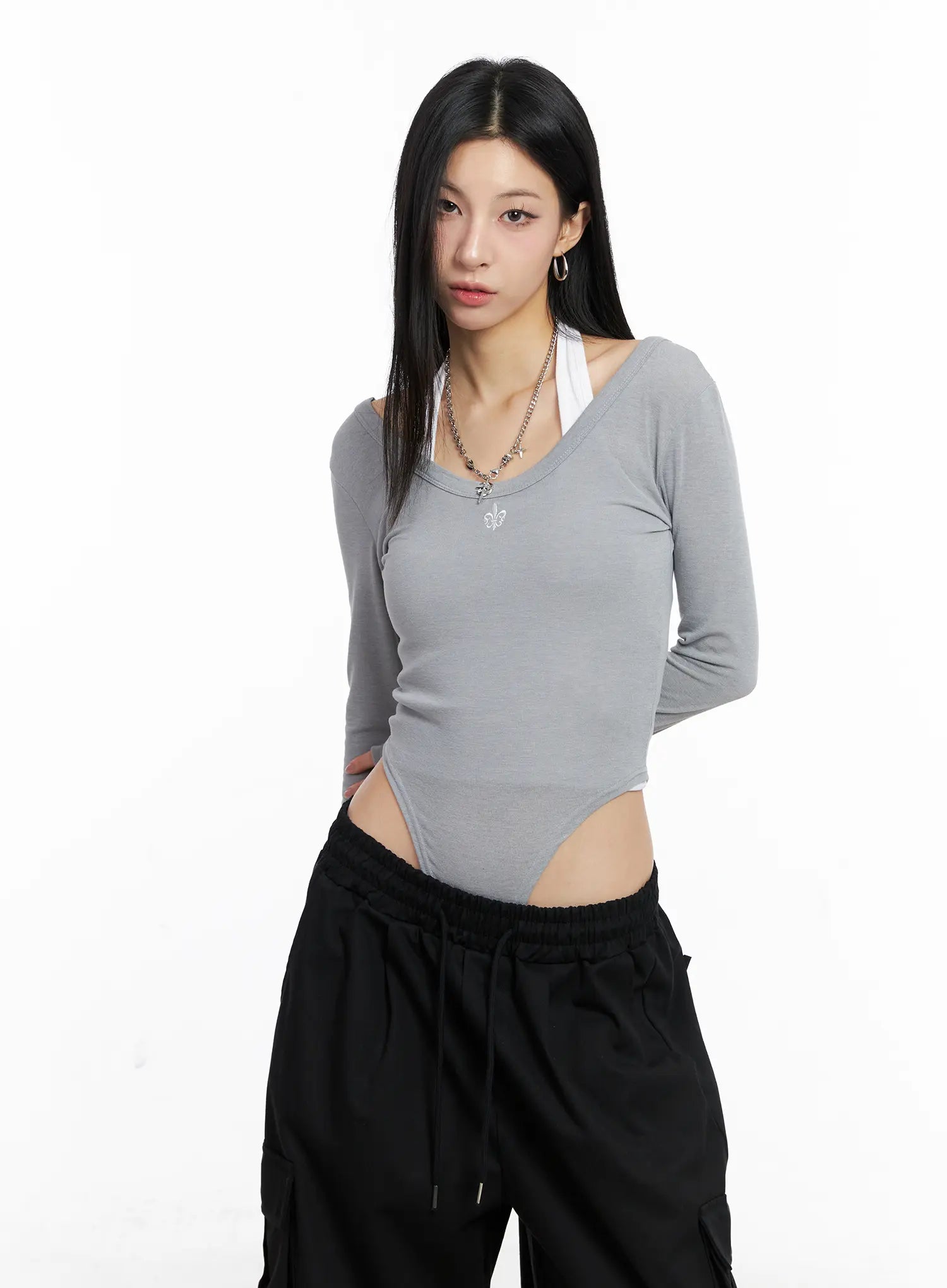 Grey Long Sleeve Bodysuit CC1109