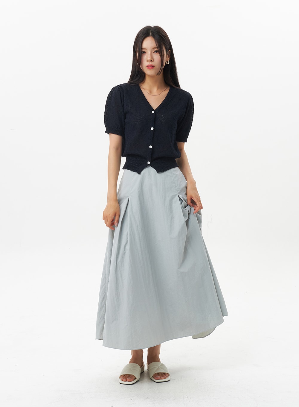 Nylon Pleated Maxi Skirt OU326