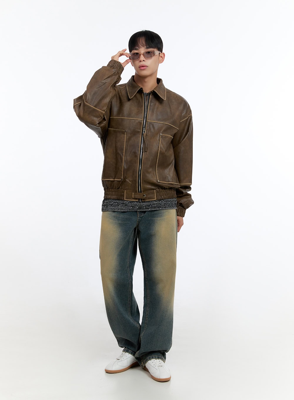 Men's Washed Vintage Zip-Up Leather Jacket IS413