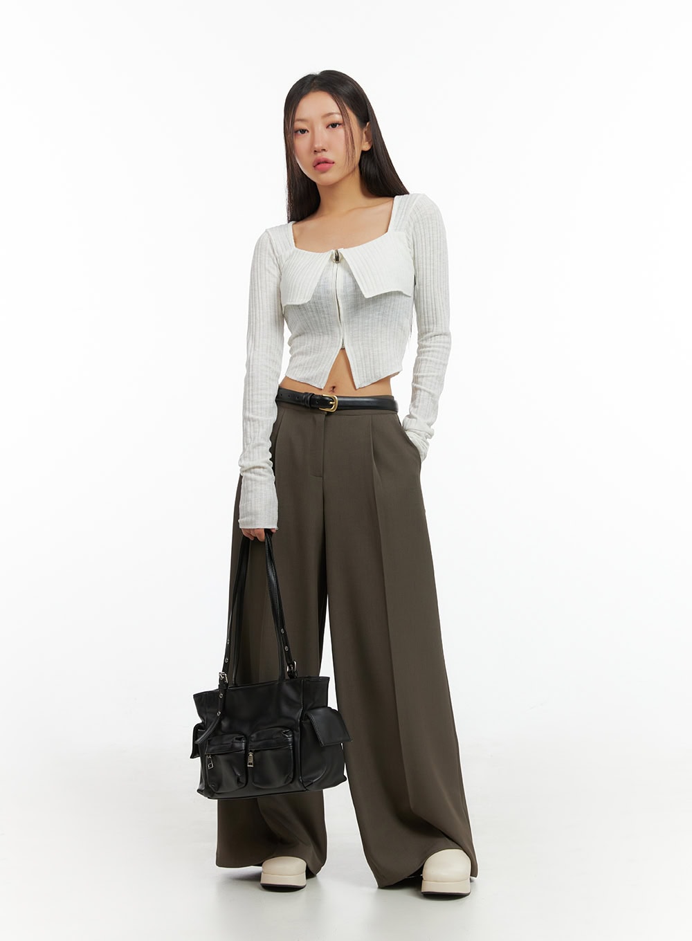 Slit Zip-Up Square Neck Crop Top IS402